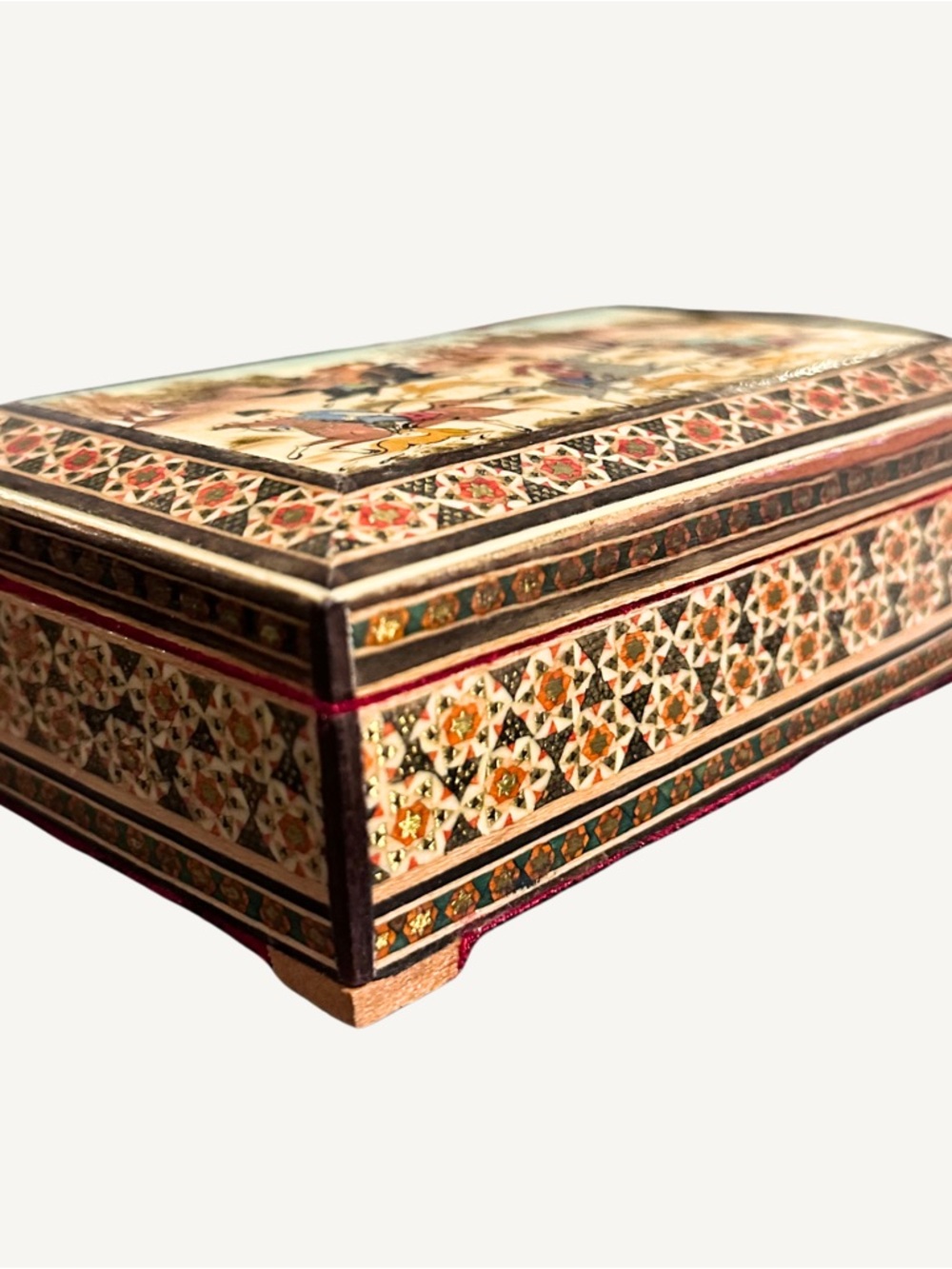 Antique Hand Painted Khatam Kari Persian Wood Micro Mosaic Inlay Hinged Box - Picture 5 of 10